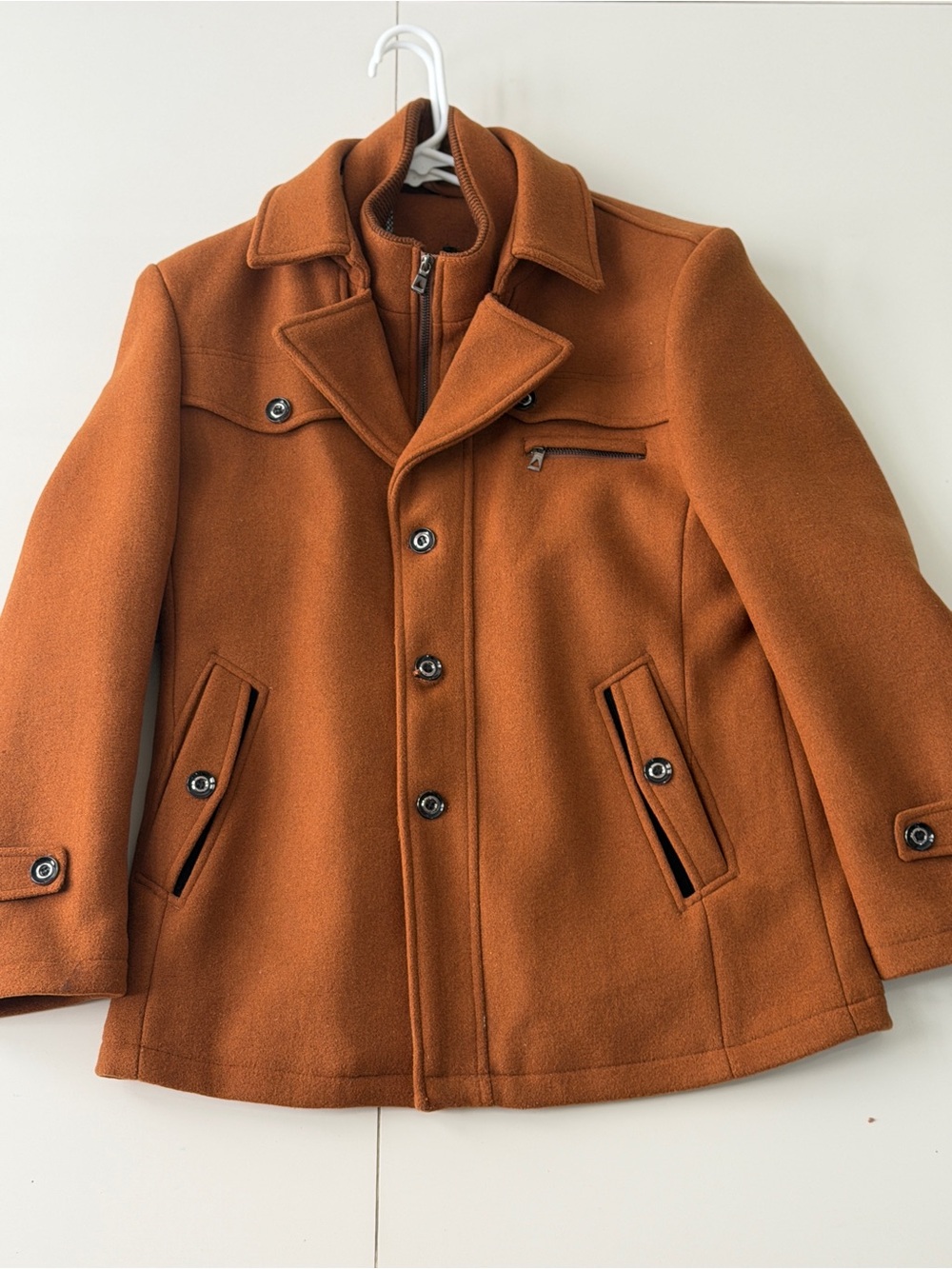 Men's Classic Wool Blend Peacoat Jacket with removable collar and chest cover